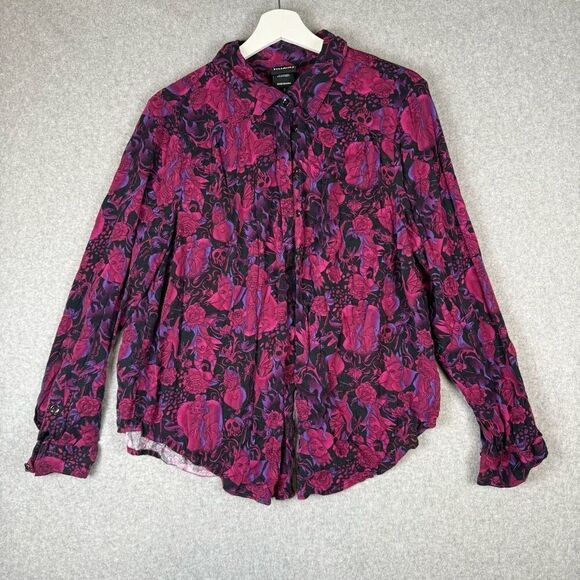Disney Villians Womens Size 0 Large Button Front Shirt Red Black Long Sleeve - Picture 1 of 7